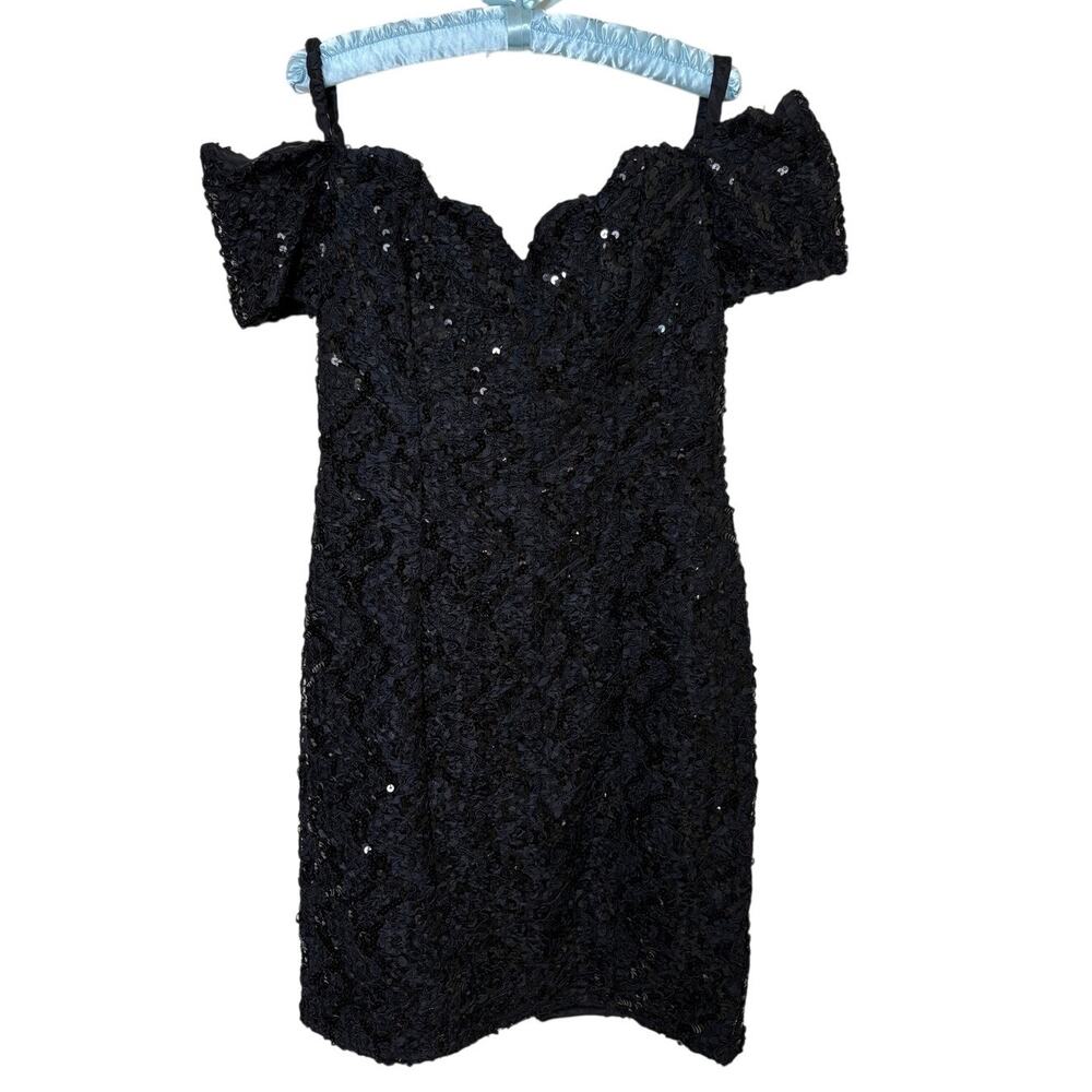 Vintage 80s 90s Zum Zum Black Sequin Lace Off Shoulder Mini Dress